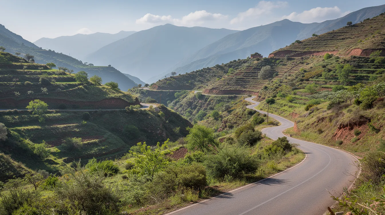 Une route sinueuse entre les montagnes verdoyantes du Rif.