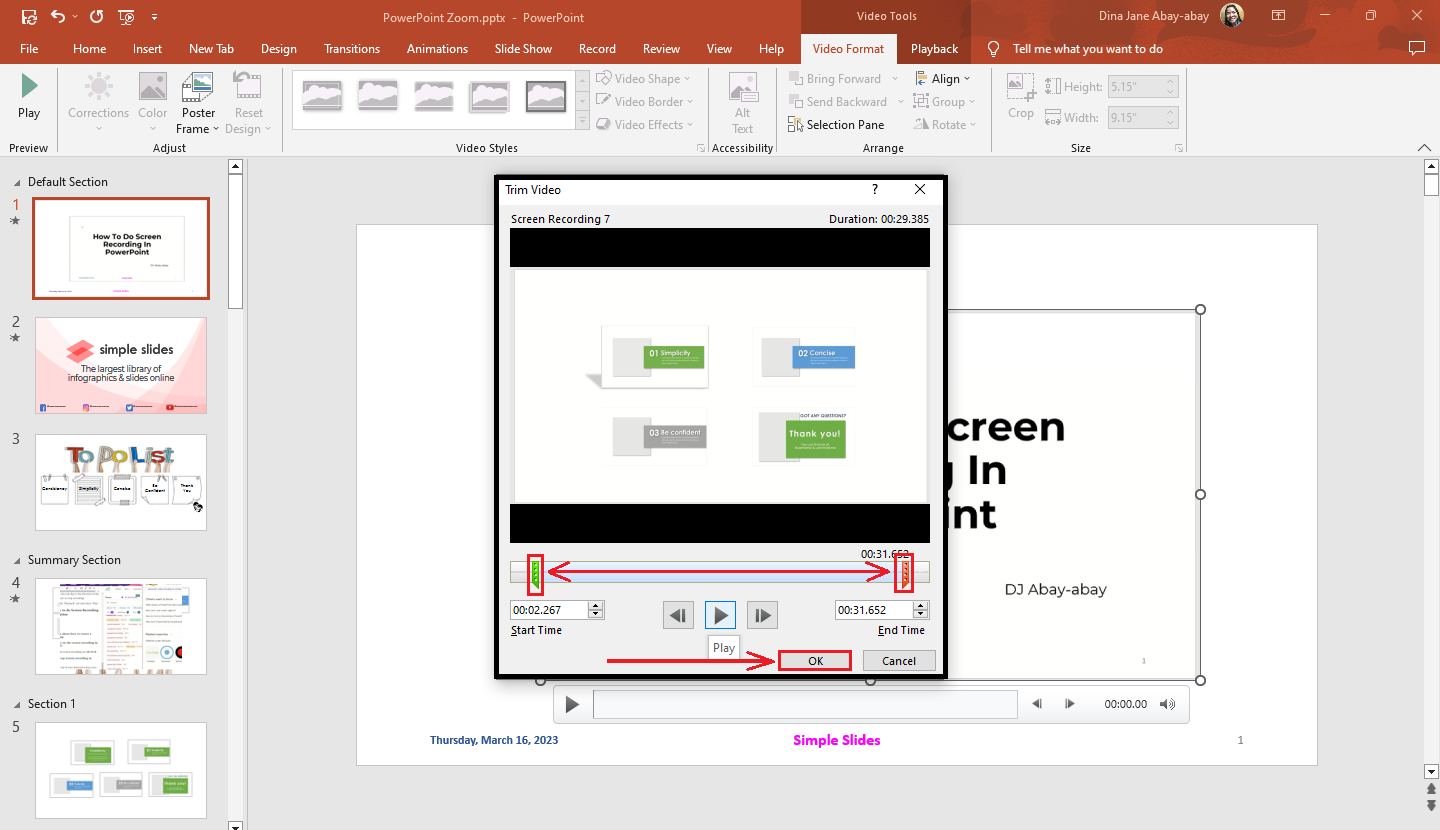 Drag the green and red clip to your desired duration of your screen recording in PowerPoint.