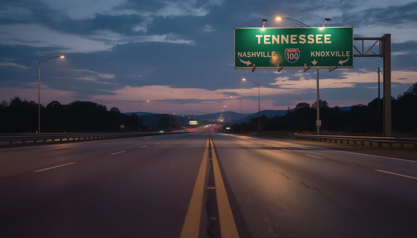 The image depicts a Tennessee highway at dusk, illuminated by the fading light, with clear road signs indicating directions and warnings. This scene may evoke the importance of understanding Tennessee's implied consent law, especially for those concerned about DUI charges and the legal process surrounding driving under the influence.
