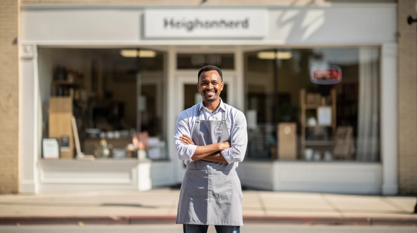 bfd01795 cf58 4ca7 9806 ec2d4783f41f A small business owner stands confidently in front of their shop, showcasing their entrepreneurial spirit and dedication to their venture. This image reflects the essence of small enterprises, highlighting the importance of financial assistance and business loans, such as those provided under the Mudra scheme, for sustaining cash flow and achieving success.