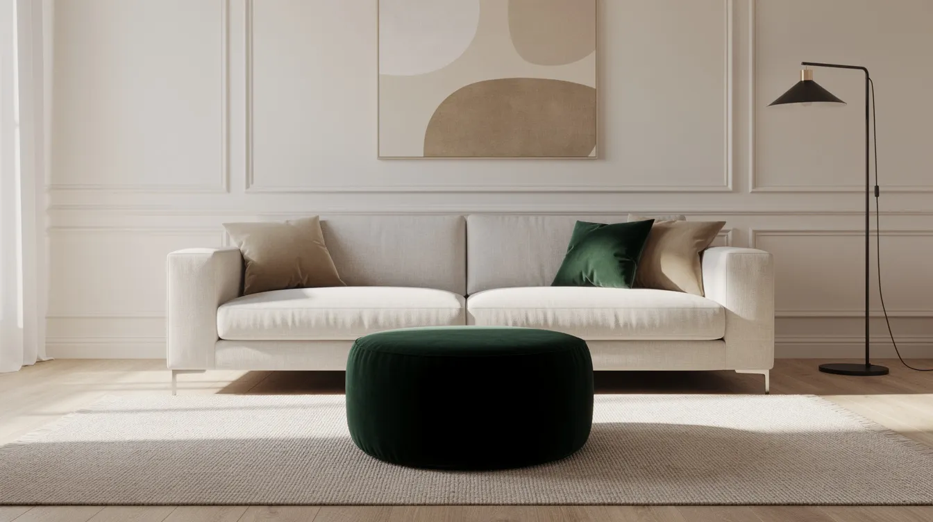 Ett elegant vardagsrum med en rund sammetspuff i mörkgrön nyans placerad framför en ljus soffa, vilket skapar en stilfull och inbjudande atmosfär. Puffen fungerar som en extra sittplats och kompletterar inredningen på ett praktiskt sätt.
