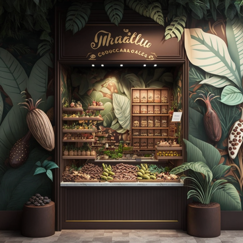 A chocolate store decorated with plants