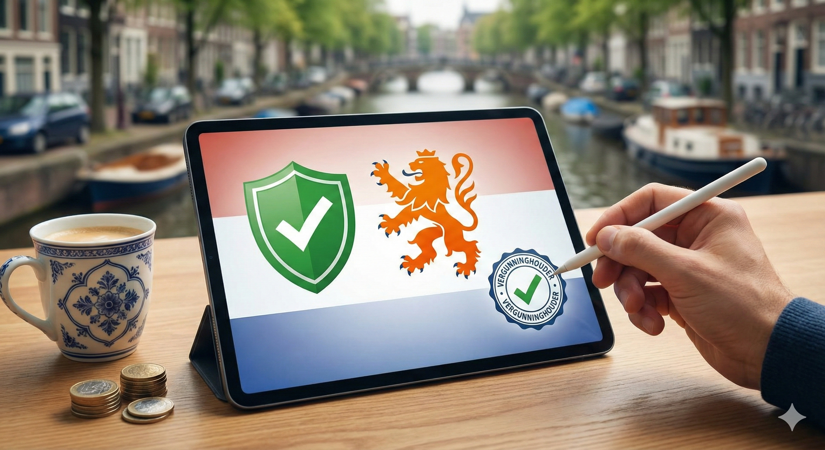 Tablet met de Nederlandse vlag, een groen schild met vinkje en een vergunningstempel, op een tafel langs een Amsterdamse gracht, als symbool voor veilig en legaal online spelen.
