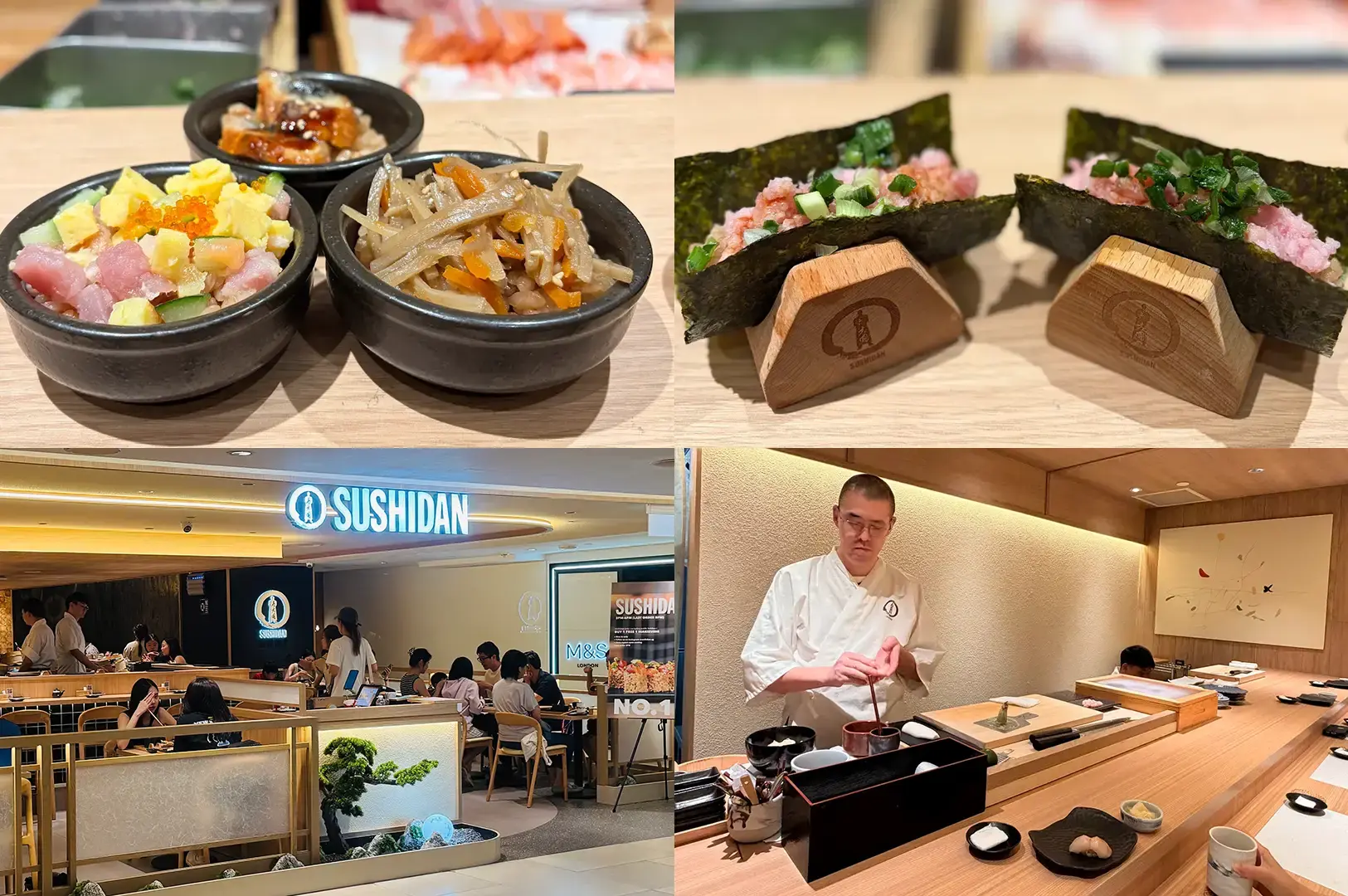 Collage showing small bowls of colourful sushi toppings and side dishes, two hand rolls displayed on wooden stands, the Sushidan restaurant entrance and dining area, and a chef preparing sushi behind a traditional counter.