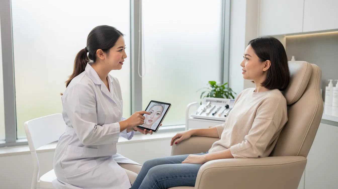 The image depicts a person receiving a calm aesthetic consultation in a bright clinic room, where a qualified professional discusses a personalized treatment plan for skin concerns such as moderate skin laxity and sagging skin. The atmosphere is serene, emphasizing the benefits of advanced laser technology for skin tightening and stimulating collagen production with minimal downtime.