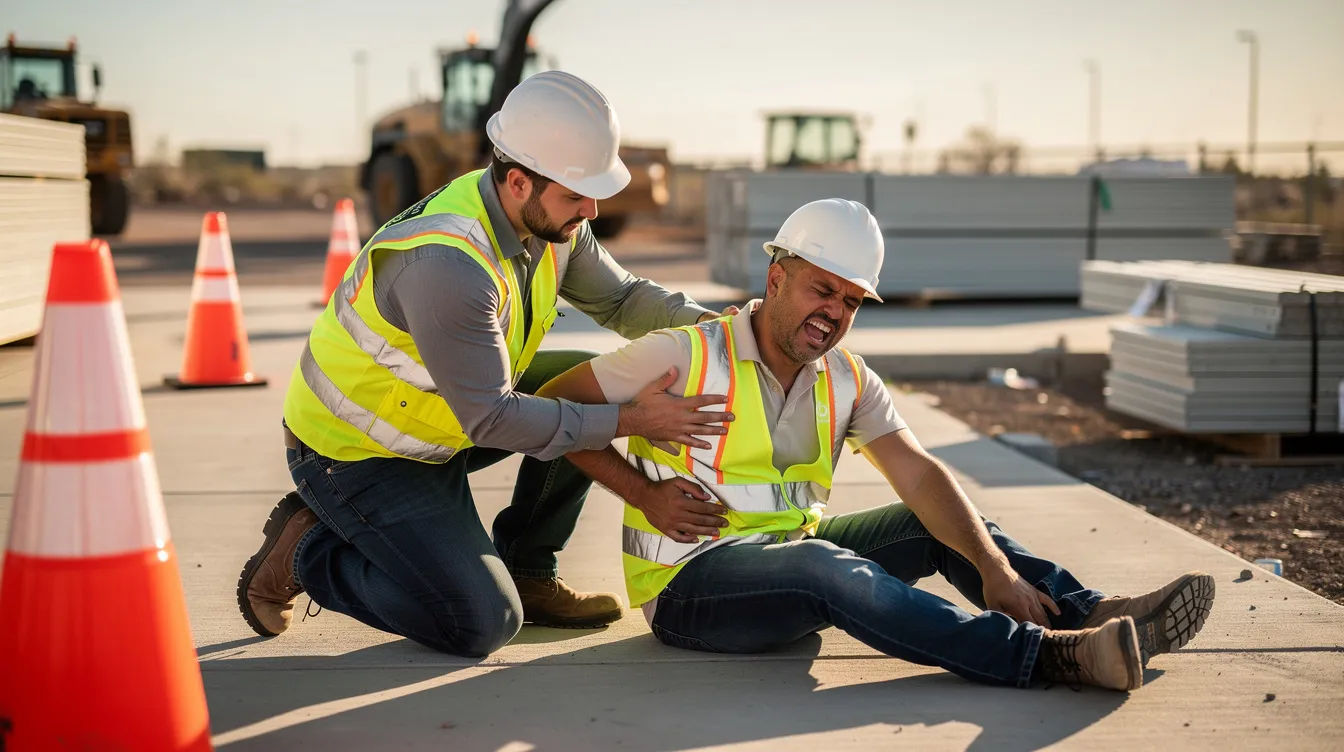The image depicts a construction worker in a safety vest and hard hat sitting on the ground at a modern construction site in Phoenix, holding his lower back in discomfort, while a coworker kneels nearby to check on him. The scene is illuminated by soft, natural sunlight, emphasizing the importance of understanding workers compensation benefits and legal guidance for injured workers in Arizona.