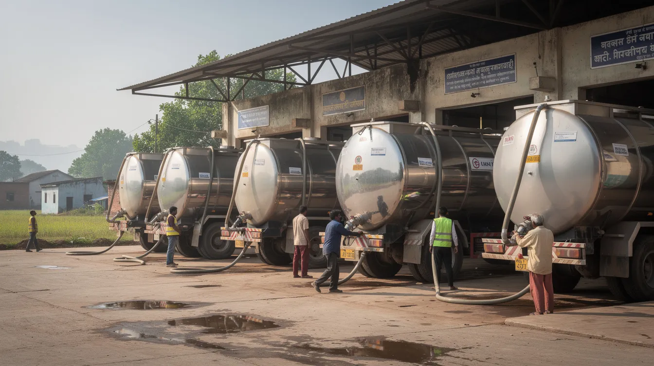 The image shows stainless steel milk tankers parked at an industrial dairy receiving bay in rural India, where milk procurement and collection take place for processing into various dairy products like ghee and butter. This setting is an essential part of the dairy industry, facilitating the production and quality control of milk solids and milk fat for local and international markets.