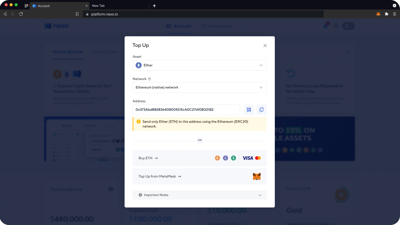 Metamask directly integrated for Nexo holders