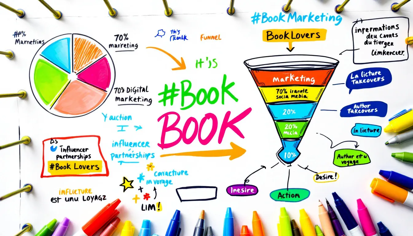 Creative book promotion ideas being brainstormed on a whiteboard.