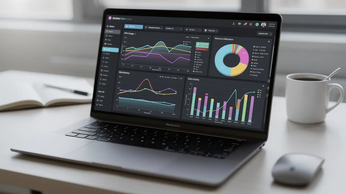 The image shows a laptop screen filled with various performance monitoring graphs and charts, illustrating data related to server performance, traffic, and resource usage, which are essential for managing virtual private servers (VPS) and cloud infrastructure. This visual representation aids users in understanding their cloud services and optimizing their hosting solutions.