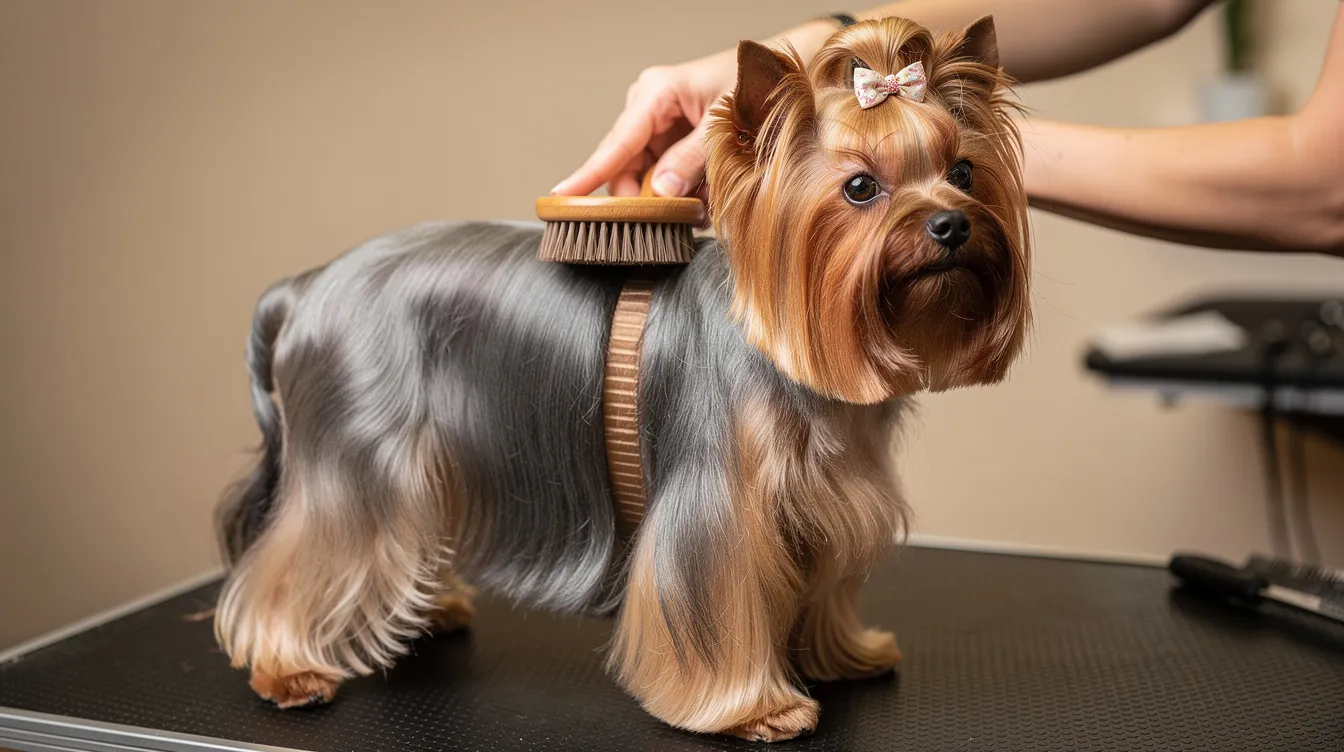 A small Yorkshire Terrier is being gently brushed on a grooming table, showcasing its silky, floor-length coat in a beautiful blue and tan color. The dog appears calm and content as it receives this regular grooming, which is essential for maintaining the health and appearance of this high-maintenance breed.
