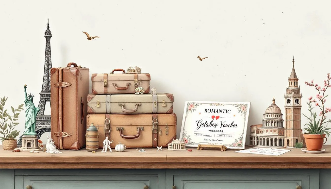 A romantic getaway voucher displayed alongside travel-themed gifts, perfect for couples.
