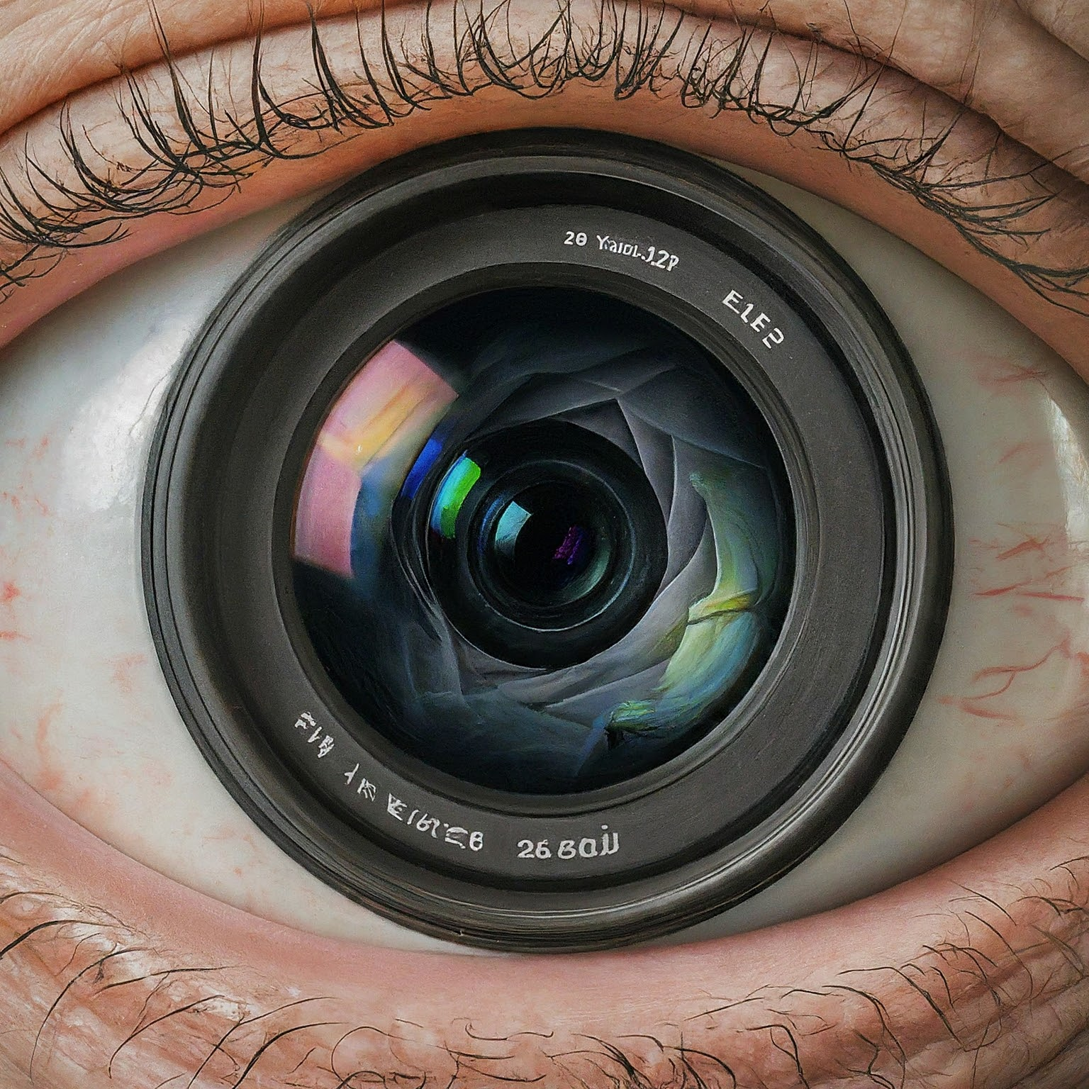 This image depicts a human eye with a camera lens replacing the iris, visually representing the concept of computer vision technology.