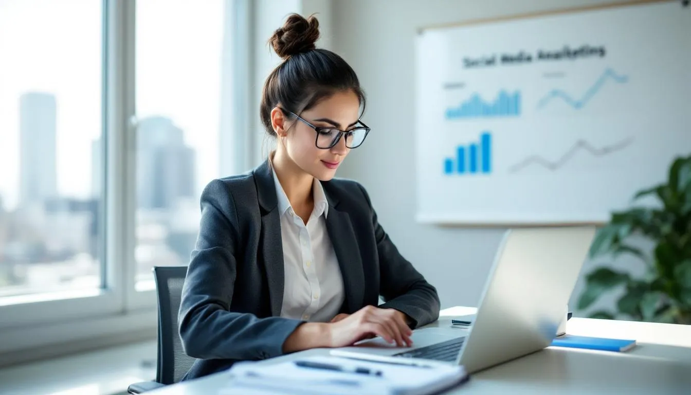 The image depicts a small business owner analyzing their social media marketing strategy, highlighting the importance of using Facebook advertising and Instagram ads management to effectively reach their target audience. This practice showcases how a good marketer can improve brand marketing and drive sales through paid social campaigns.