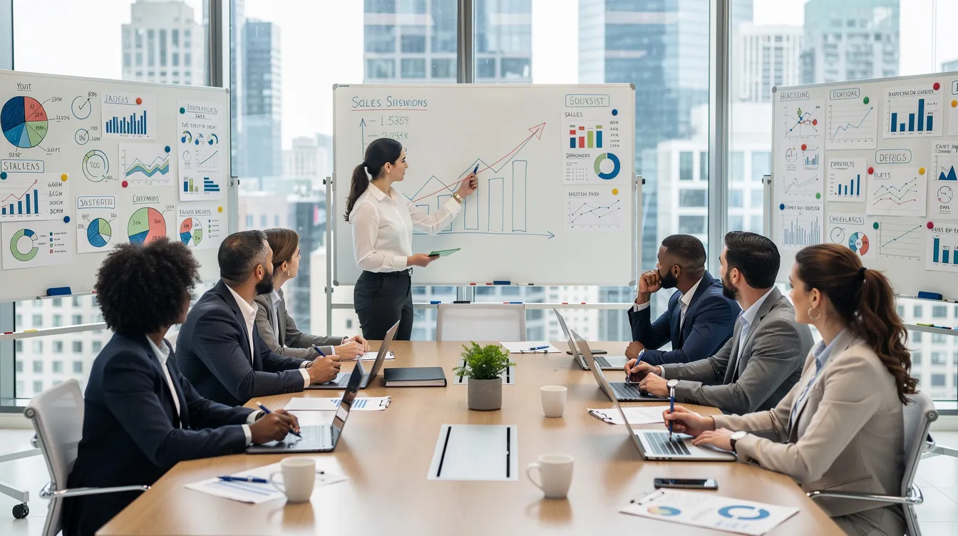 Une équipe de vente diversifiée se réunit dans un bureau moderne, entourée de tableaux blancs et d'ordinateurs portables, pour discuter de leur stratégie commerciale. Ils échangent sur les compétences nécessaires pour comprendre les besoins des clients et améliorer leur performance en vente.