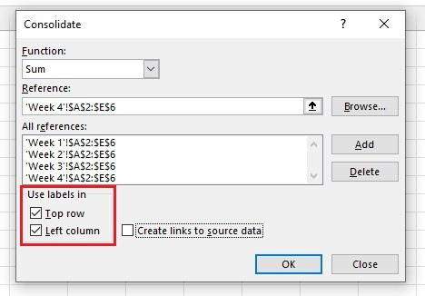 Click the "Top row" and "Left column" checkboxes to add labels to the merged data table. 