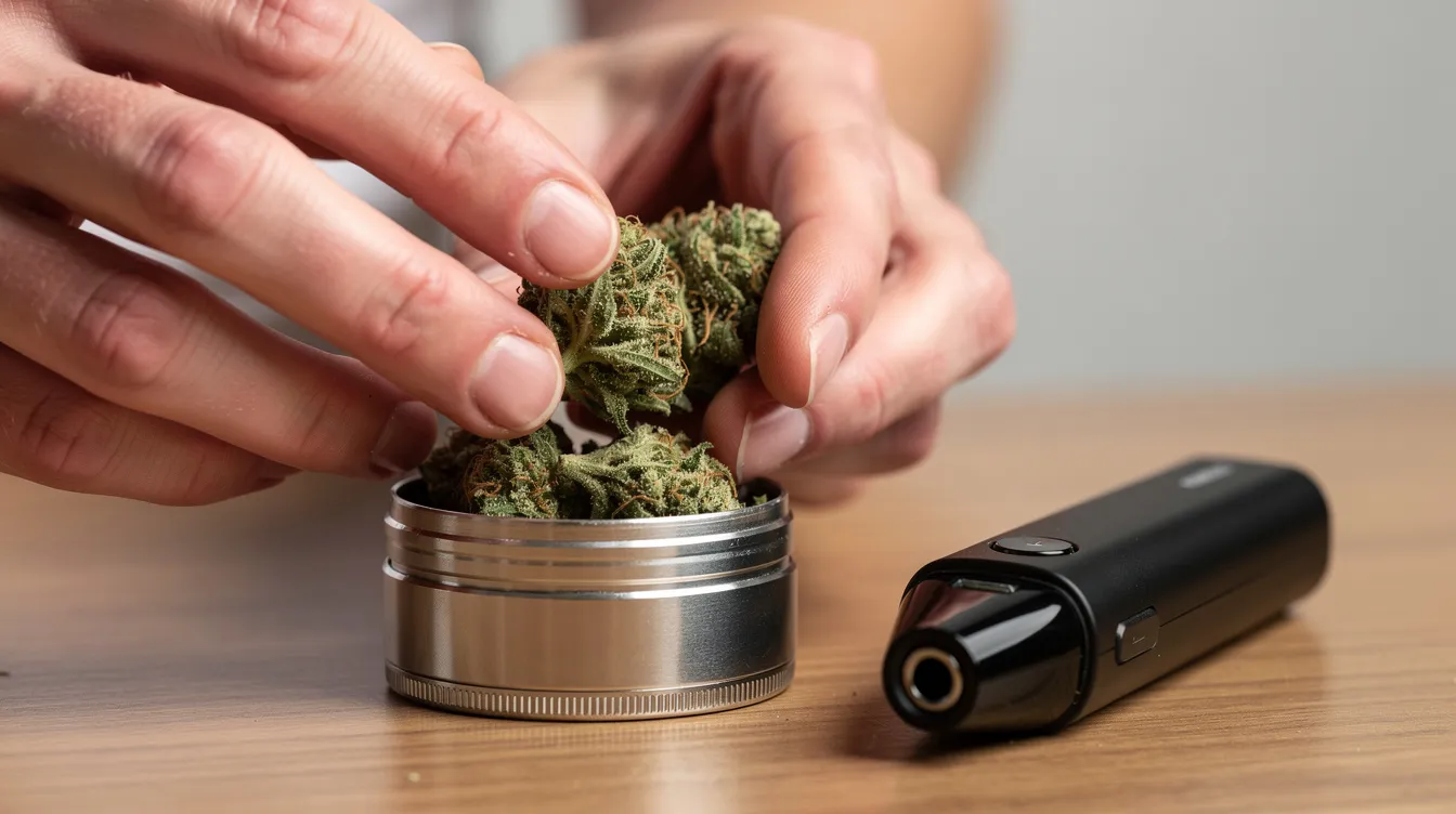 A close-up image shows hands grinding dried cannabis with a grinder next to a portable dry herb vaporizer, highlighting the preparation process for vaping. The scene emphasizes the tools used for creating vapor from dry herb, suggesting a focus on the best portable vaporizers for optimal vapor quality.