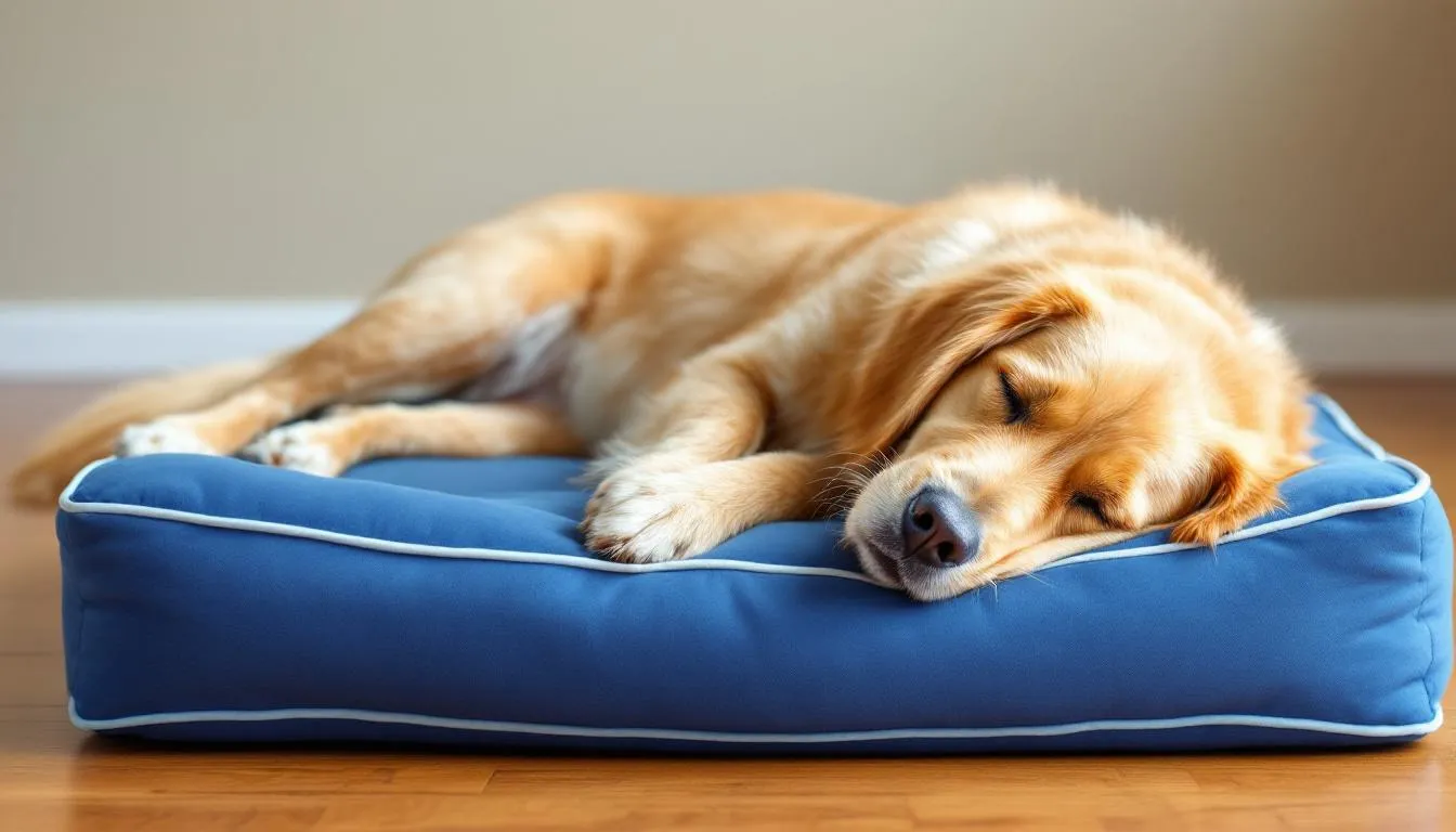 A peaceful golden retriever is lying on its side with its legs extended forward on a comfortable dog bed, showcasing a common sleeping position for dogs. This relaxed posture highlights the dog