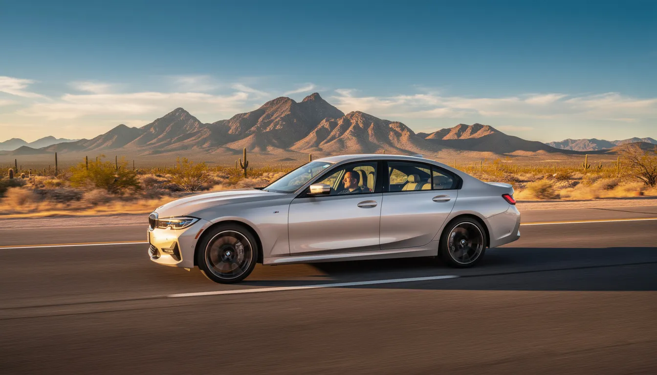 A sleek BMW 3 Series sedan is driving along a sunlit Arizona highway, with rugged desert mountains rising majestically in the background. This scene captures the essence of peak performance and the allure of BMW vehicles against a stunning natural landscape.