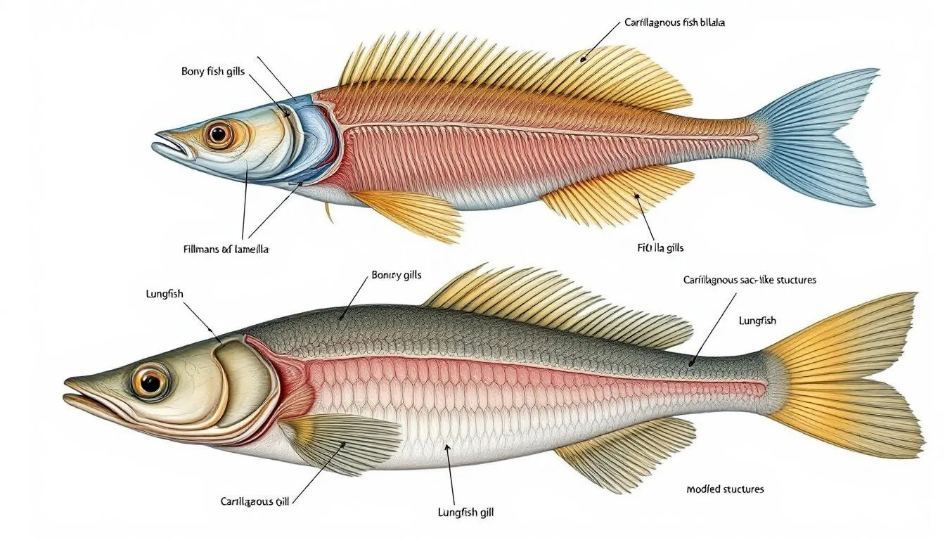 Na ilustracji przedstawione są różne typy tarlisk wykorzystywanych przez ryby w zależności od gatunku, z uwzględnieniem roślinności podwodnej oraz odpowiednich warunków do tarła. Widać zarówno ryby słodkowodne, jak i morskie, które w okresie godowym budują gniazda i składają ikrę w zbiornikach wodnych.