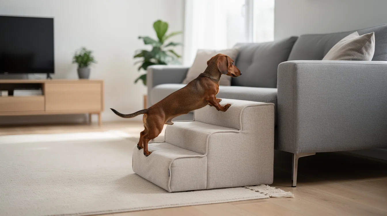 A small dachshund is climbing low-rise cushioned dog steps, designed for easier access to the grey fabric sofa in a modern living room. These pet stairs provide a gentle incline, making it safer for older dogs or those with mobility issues to reach elevated surfaces without straining their joints.