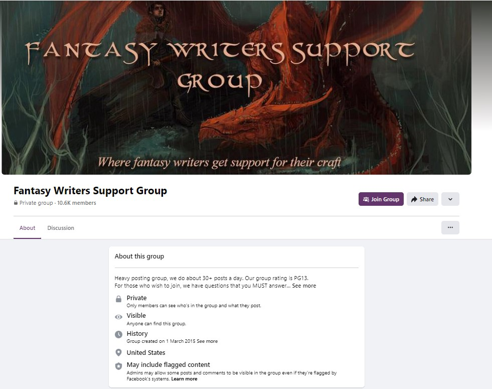 fantasy writers facebook page screenshot 
