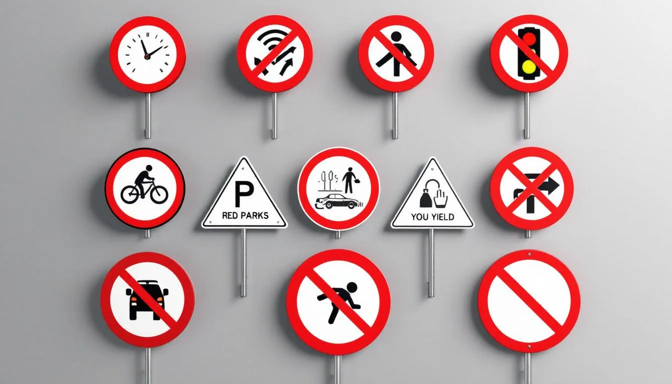 A collection of traffic signs representing various traffic violations.