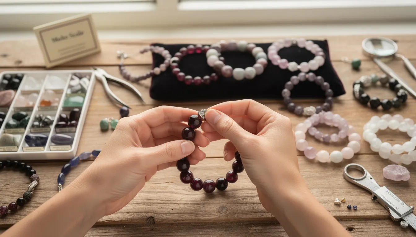 The image showcases a stunning collection of gemstone bracelets, featuring a variety of semi-precious stones such as rose quartz, lapis lazuli, and amethyst, all crafted with elegance and durability in mind. Each bracelet is designed to suit individual styles, making them the perfect accessory for both casual wear and formal occasions.