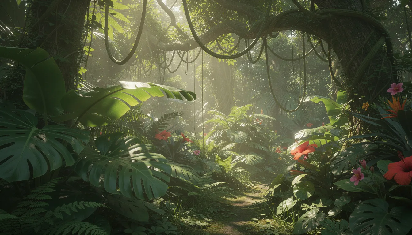 The image depicts a vibrant jungle scene filled with lush tropical leaves and intertwining vines, creating a lively backdrop. In this colorful environment, a cute monkey can be seen playfully swinging from the branches, showcasing its expressive face and long tail.