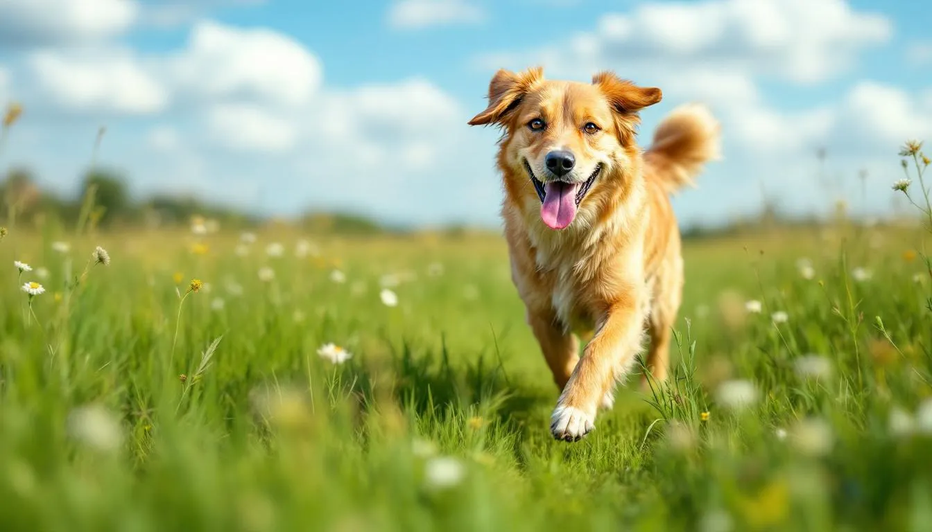 A happy, healthy brown dog is joyfully running through a lush green field, showcasing its recovery from ehrlichiosis, a tick-borne disease. The dog