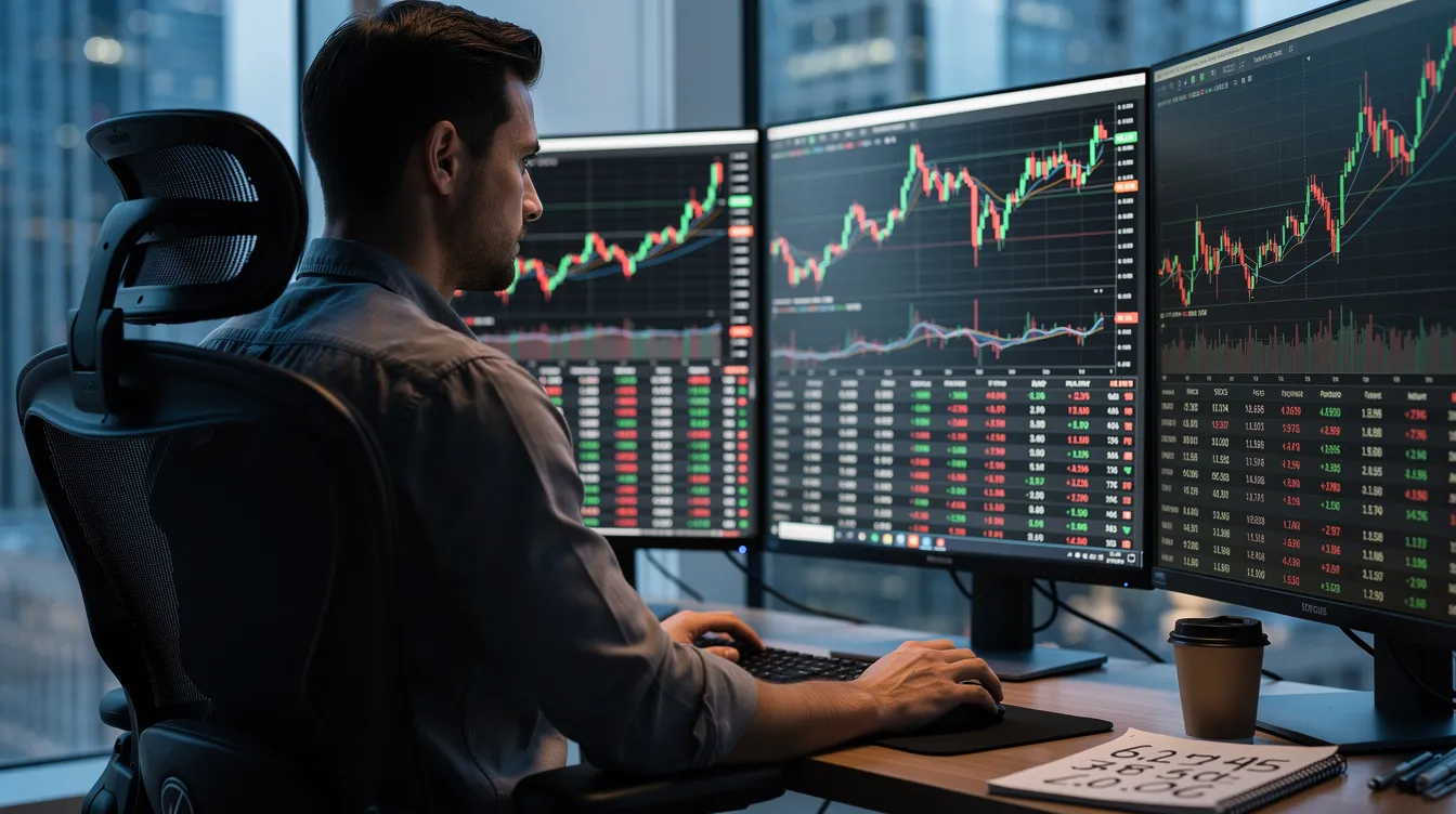 Trading steuerfrei: Legale Strategien für private Trader und Profis 2 Ein Trader analysiert Aktiencharts auf mehreren Computerbildschirmen, während er sich mit seinen Trading-Aktivitäten beschäftigt. Die Bildschirme zeigen verschiedene Diagramme und Daten, die für die Bewertung von Gewinnen und Verlusten im Trading, einschließlich Krypto-Trading und der Besteuerung von Kapitalerträgen, wichtig sind.