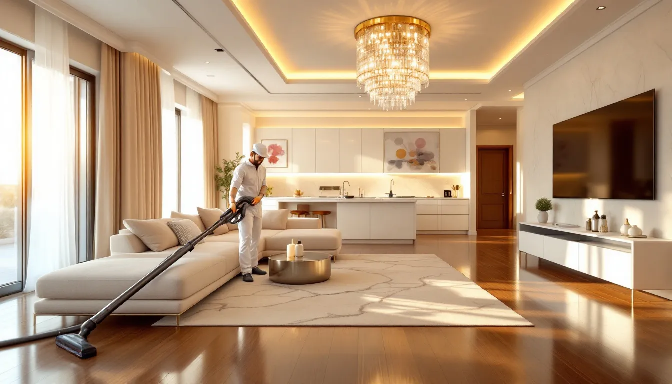 A professional cleaner performing comprehensive home deep cleaning services in Dubai.