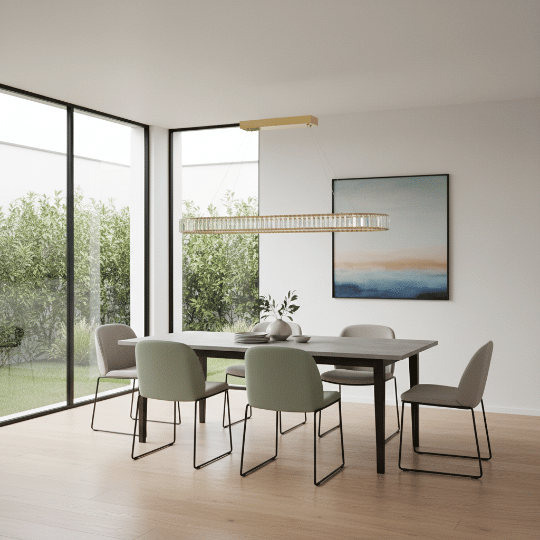 Contemporary dining room lighting with a slim linear chandelier in gold finish and ribbed glass shade over a rectangular table.