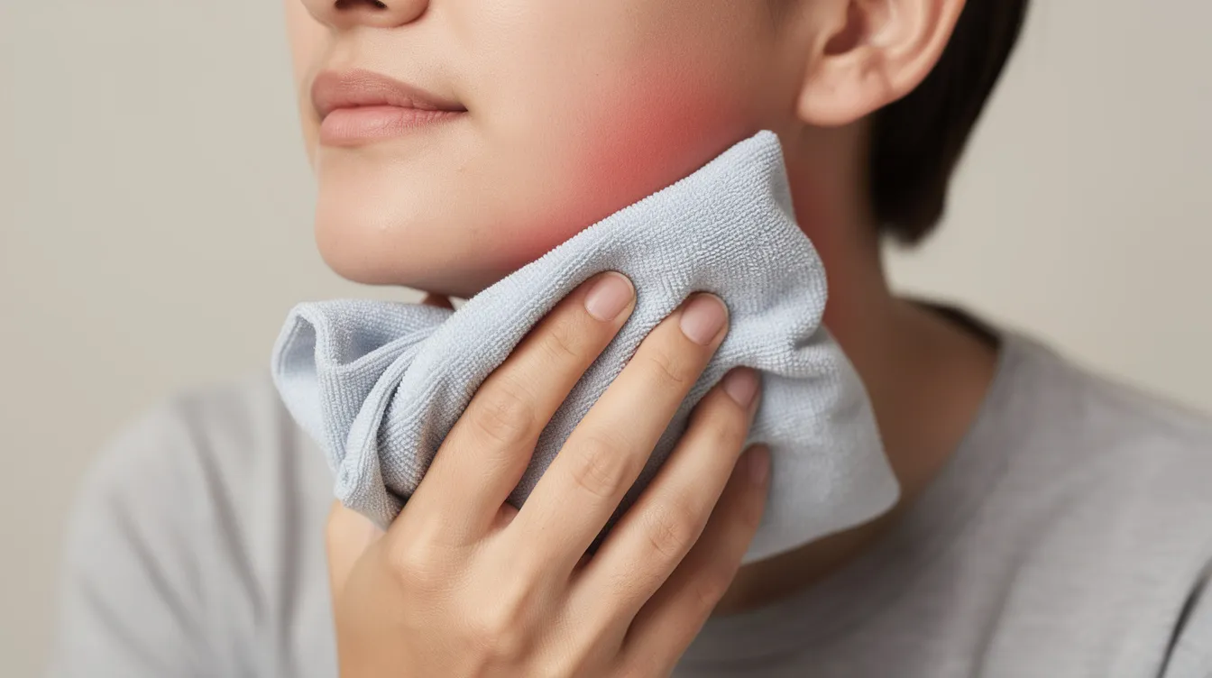 A person is gently applying a wrapped cold compress to their jawline area to help reduce mild swelling and support the healing process after an endolift treatment. The cold compress is likely aimed at minimizing mild redness and discomfort in the treated area.