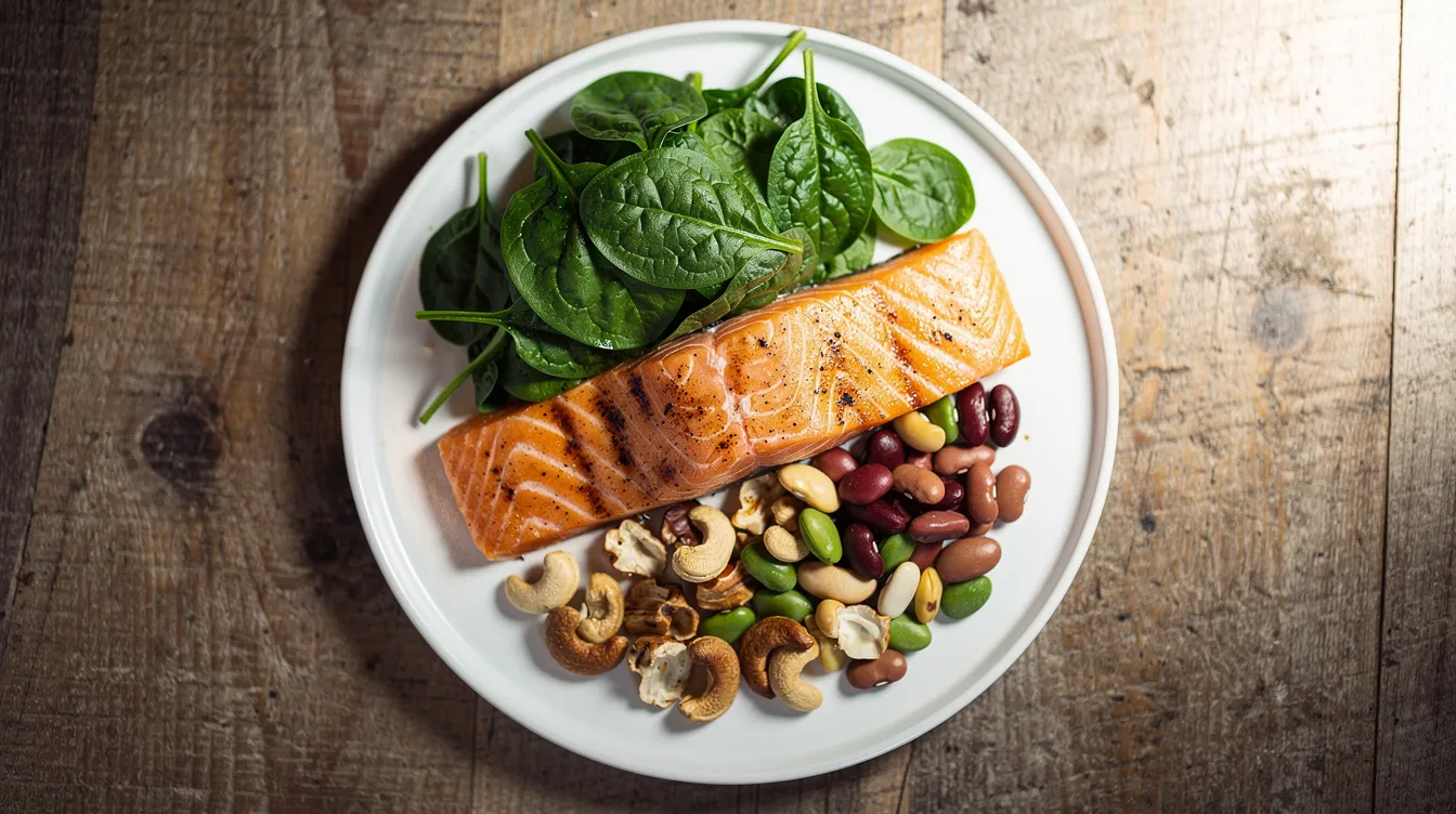 Un plato de comida saludable presenta salmón, espinacas, legumbres y frutos secos, todo dispuesto sobre una mesa de madera. Esta imagen evoca una mirada fresca y nutritiva, ideal para quienes buscan cuidar su alimentación y bienestar.