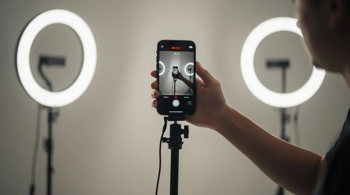 Eine Person steht mit einem Smartphone auf einem Stativ und filmt vertikalen Video-Content, während im Hintergrund Ringlichter für eine optimale Beleuchtung sorgen. Diese Szene verdeutlicht die Erstellung von Branded Content, der für soziale Medien und Marketingkampagnen genutzt wird.