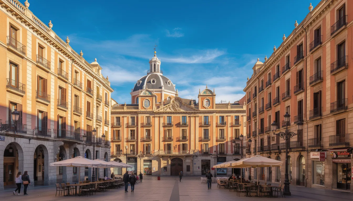 Widok na malowniczą Madryt, z historycznymi budynkami i błękitnym niebem, ukazuje piękno hiszpańskiej architektury. W tle widać chmurki, które dodają uroku tej scenerii.