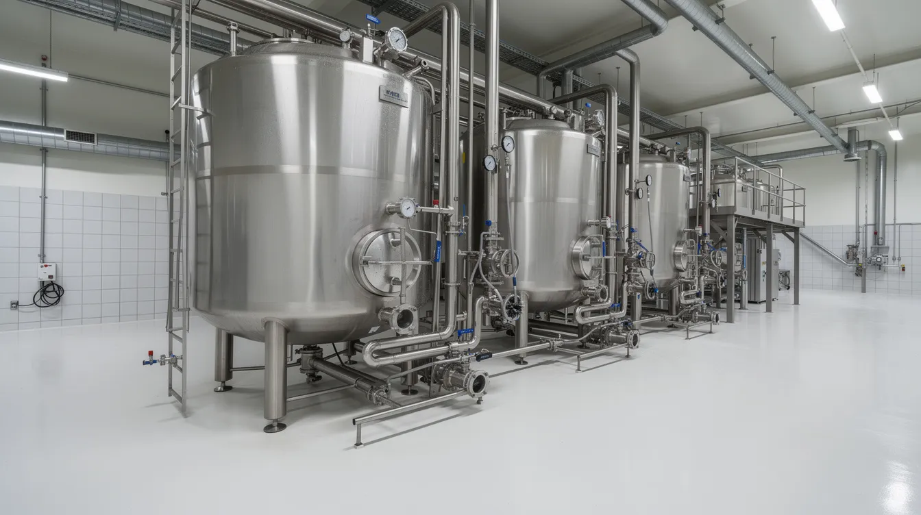 The image depicts a modern milk processing plant featuring stainless steel dairy processing equipment, including large tanks and extensive pipelines, set in an industrial environment. This setup is essential for the efficient production of pasteurized milk and various dairy products, contributing to the dairy industry and local dairy farmers.