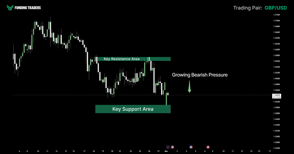 GBP/USD price chart from FundingTraders highlighting key resistance and support areas with growing bearish pressure on the pair.