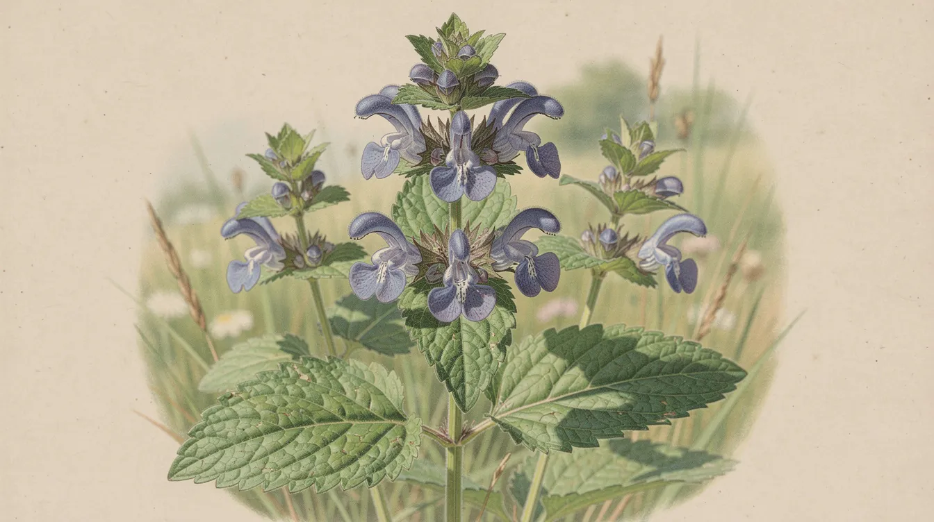 Das Bild zeigt eine Helmkraut Pflanze mit ihren charakteristischen blau-violetten Blüten, die an einen Helm erinnern. Diese Heilpflanze, auch bekannt als Scutellaria, ist für ihre beruhigenden Eigenschaften und Anwendung in der Naturheilkunde bei Stress und Schlafproblemen bekannt.