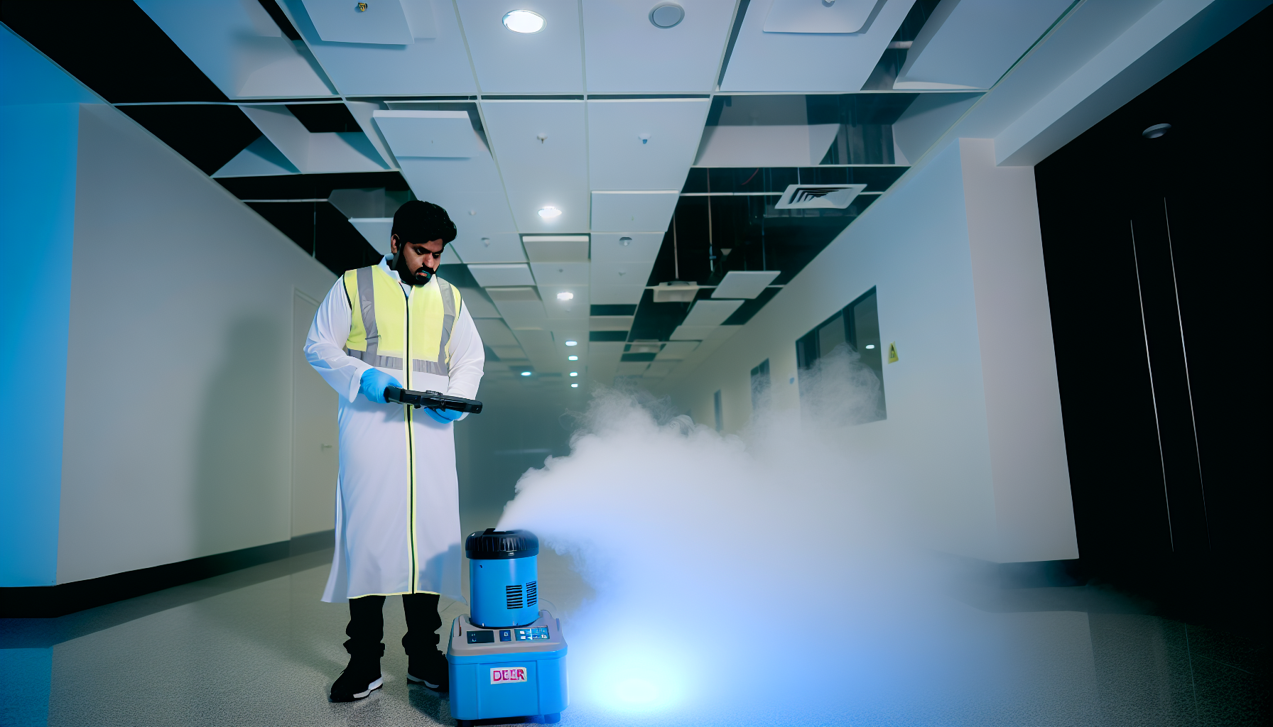 Photo of a professional using a fog generator to locate air leaks