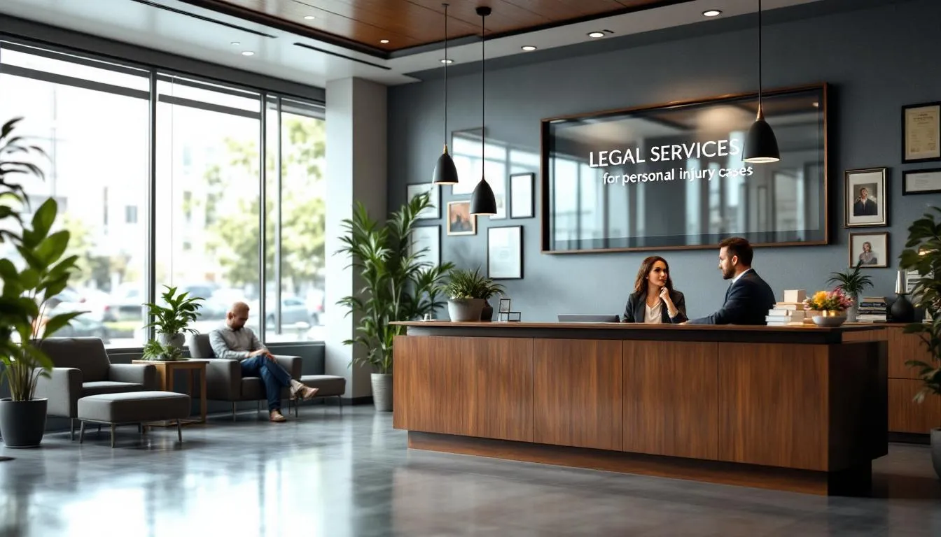 A welcoming law office with a sign indicating legal services for personal injury cases.