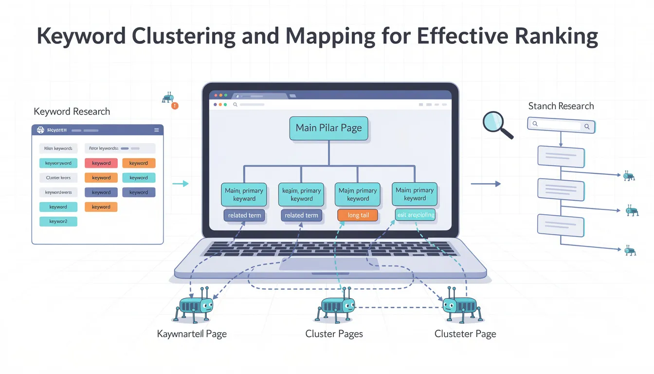 The image illustrates the concept of keyword clustering and mapping for search engine optimization (SEO), showing a visual representation of thematic clusters of related keywords linked to a central pillar page. It emphasizes how this structured approach enhances search engine rankings and improves organic search traffic by effectively organizing web pages and targeting relevant keywords.