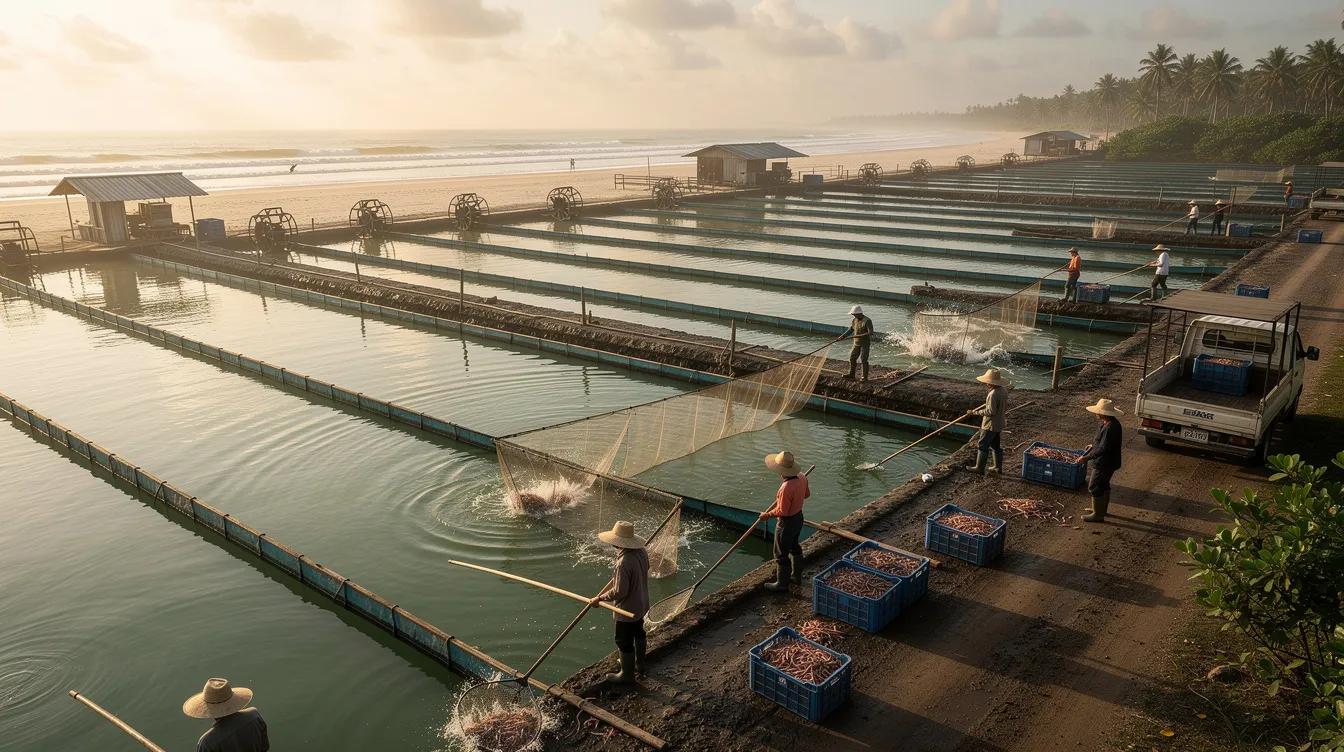 bfebe982 d08a 4f71 81ea 4031ec679a75 The image depicts shrimp aquaculture ponds along the coast, where workers are actively engaged in harvesting seafood, highlighting a sustainable business opportunity in Andhra Pradesh. This profitable business idea showcases the potential for small scale business ventures in the seafood industry, catering to both local and international markets.