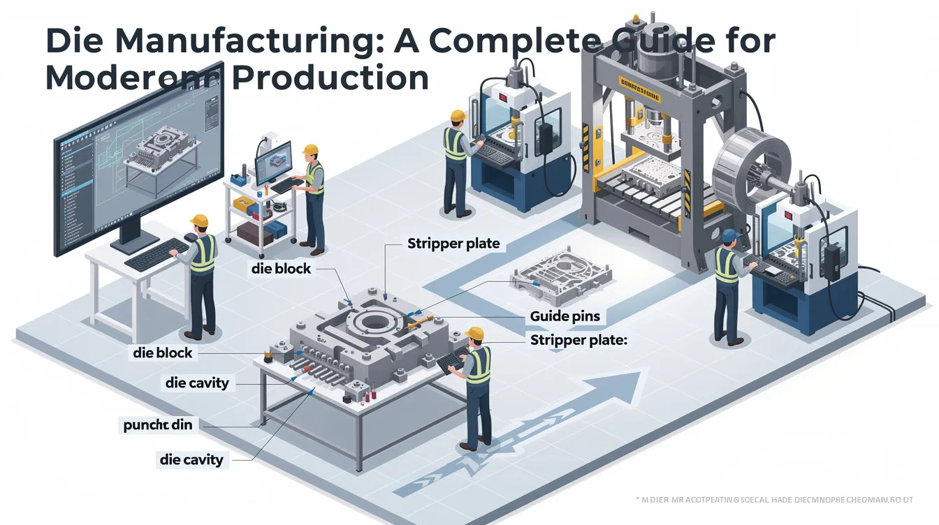 The image depicts various types of dies used in the die manufacturing process, showcasing components like progressive dies, cutting dies, and transfer dies, which are essential for creating complex parts in high volume production. These tools are integral to the manufacturing industry, particularly in automotive and consumer goods, where they shape raw materials into desired forms through multiple operations.