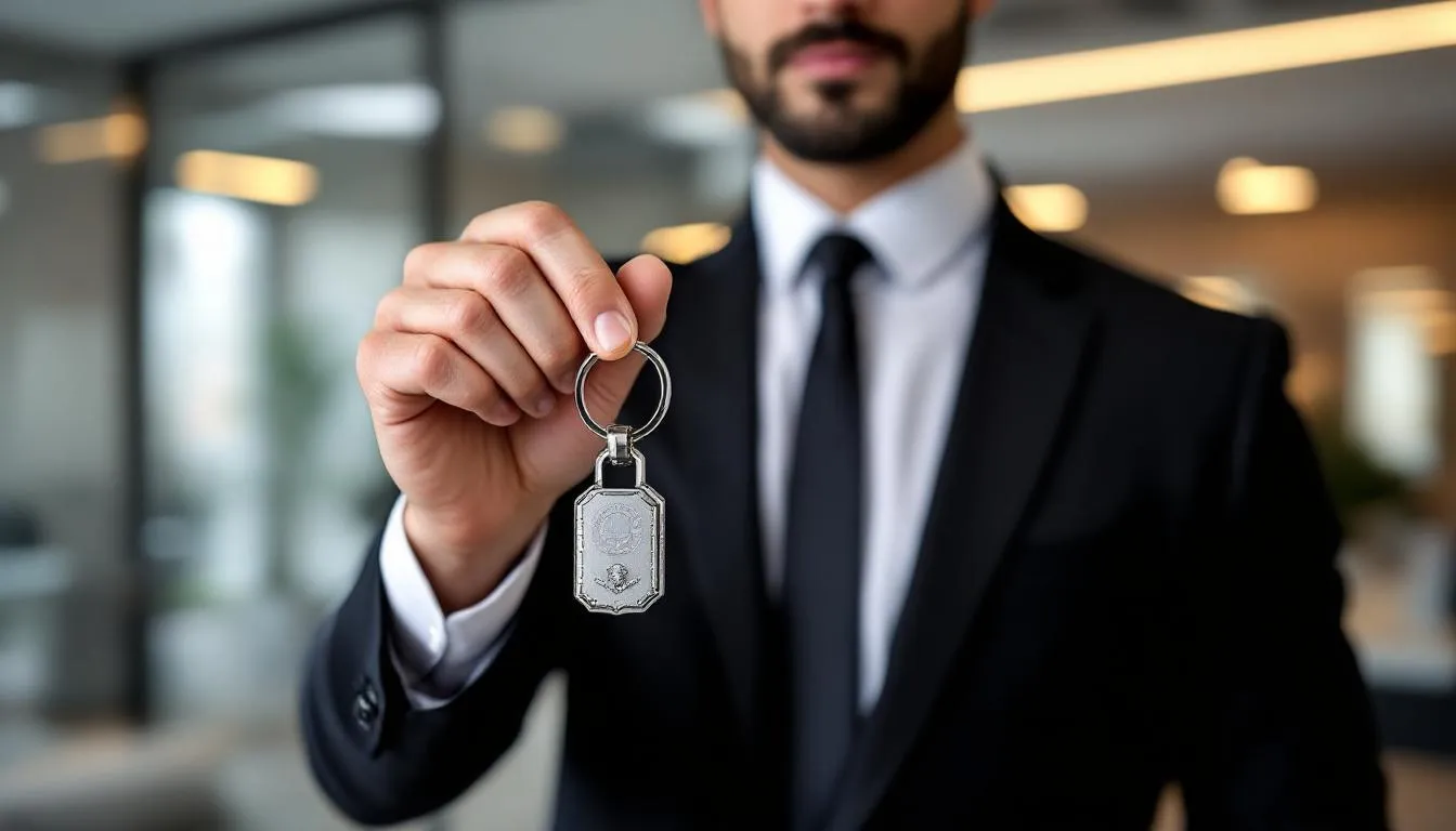 Mężczyzna w garniturze trzyma metalowy brelok do kluczy.