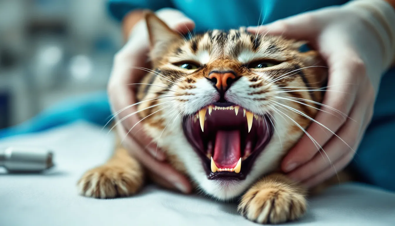 Een close-up van een kat die zijn tanden laat zien tijdens een veterinaire controle, waarbij de dierenarts het gebit van de kat beoordeelt op tekenen van tandvleesontsteking of andere gebitsproblemen. De kat kwijlt misschien als gevolg van pijn of stress, wat kan duiden op onderliggende gezondheidsproblemen.