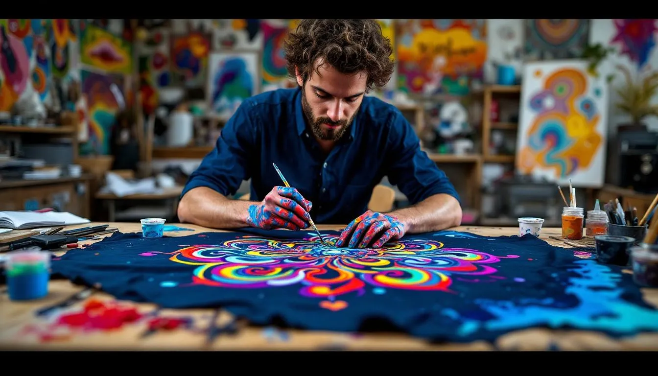 An artist is seen creating intricate psychedelic patterns on fabric, using vibrant colors to bring the wearable art to life. This scene captures the essence of creativity and energy, perfect for festival season and expressing individuality through unique clothing pieces.