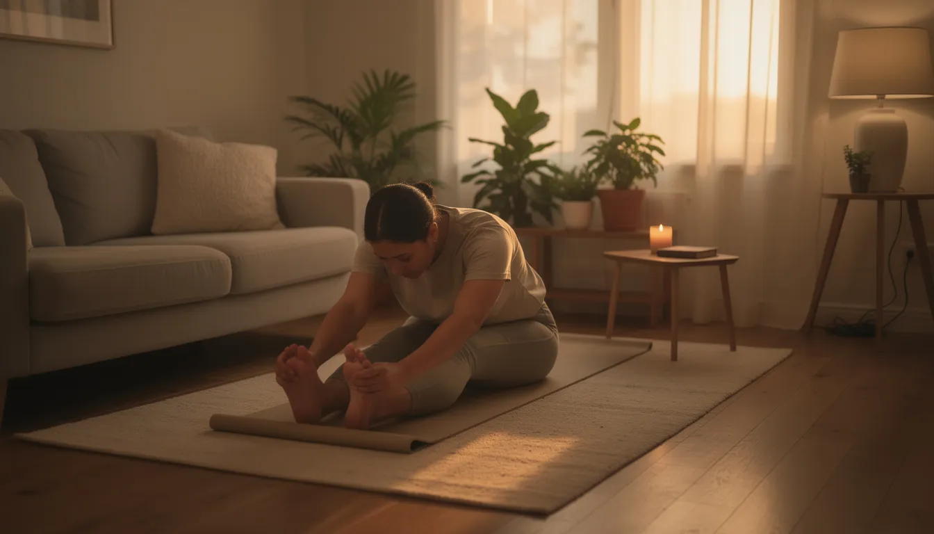 A person is peacefully practicing gentle yoga stretches in a cozy living room during the evening, surrounded by soft lighting and calming decor. This tranquil scene promotes relaxation and could help improve sleep quality by incorporating mindfulness and deep breathing techniques.