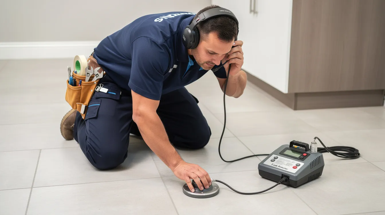 A plumber is crouched on a tiled floor, using a ground microphone to listen for water leaks, a crucial step in slab leak detection. The image illustrates the process of detecting hidden leaks in a plumbing system, highlighting the importance of precise leak detection to prevent significant property damage.
